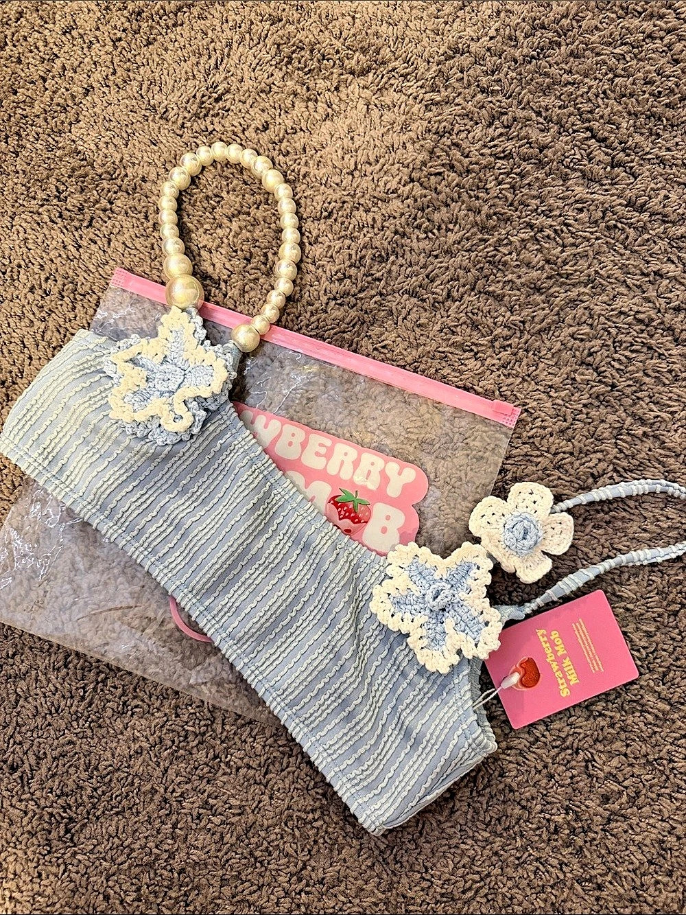 Strawberry Milk Mob Pretty in Pearls Top Blue & Cream NWT